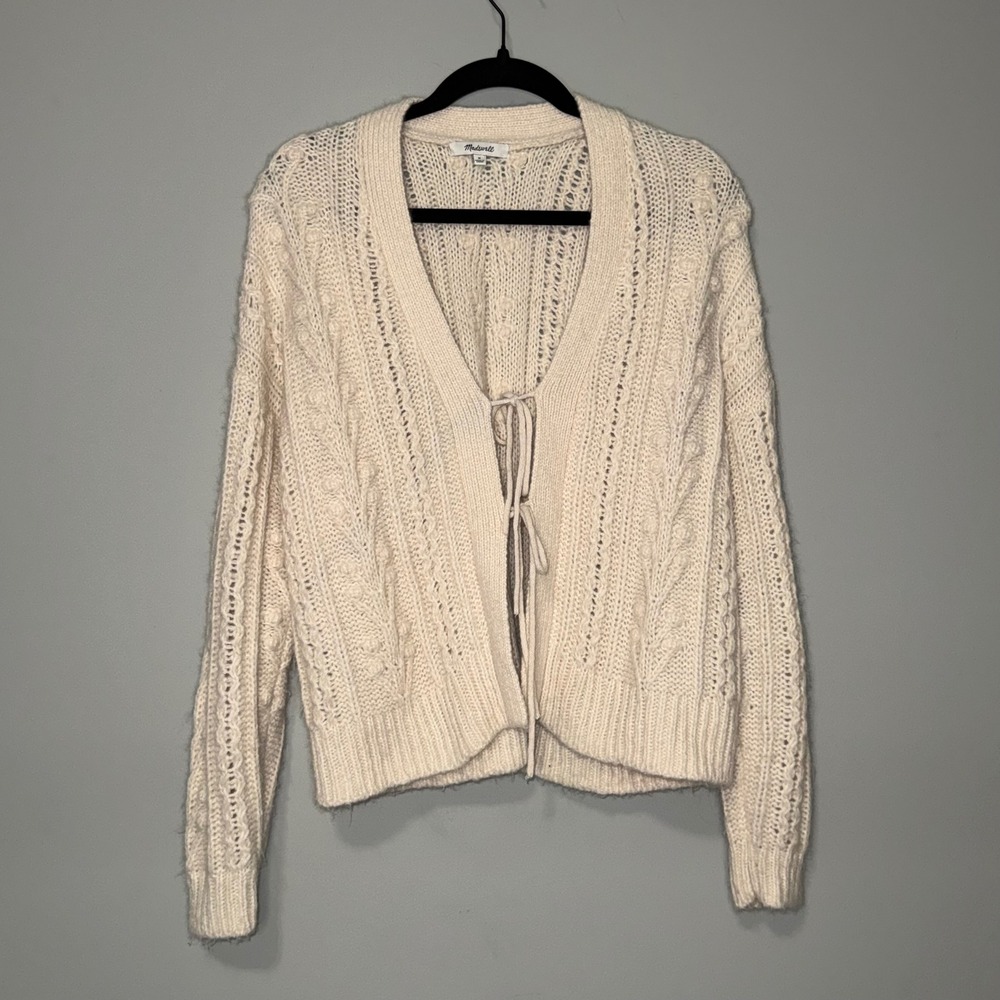 Madewell Cream Cable Knit Tie Front‎ Cardigan Sweater Pointelle Bobble Womens M